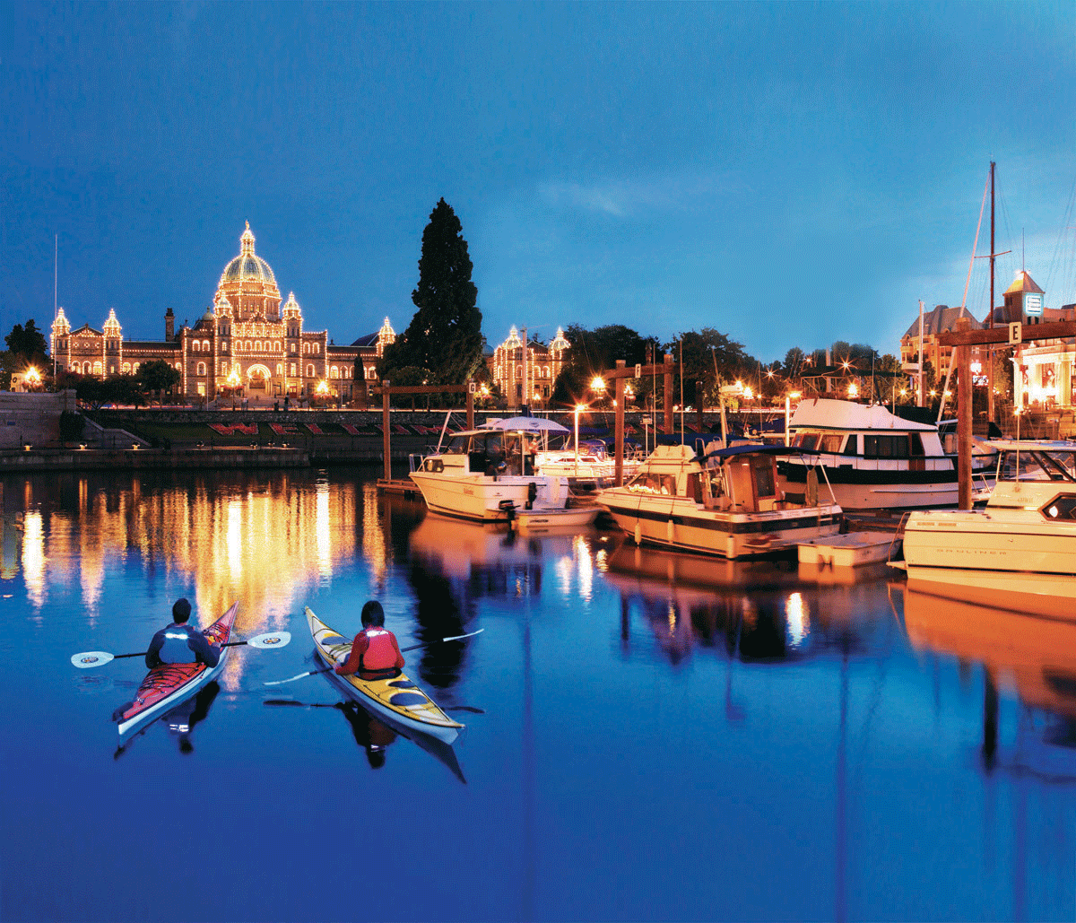 See The Parliament Building light up with thousands of lights from the waters of the Inner Harbour.